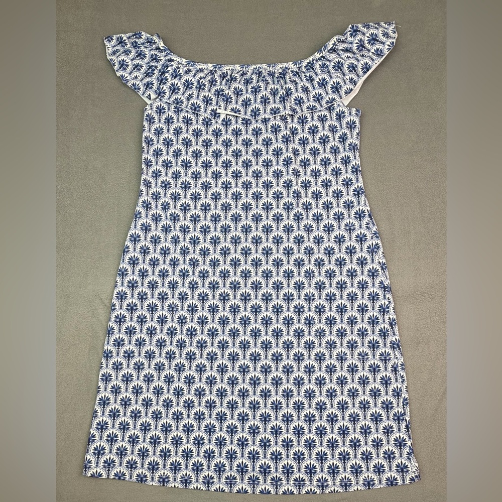 Tommy Bahama Playa Brava Ruffle Spa Blue Palm Leaf Dress Off Shoulder Size M